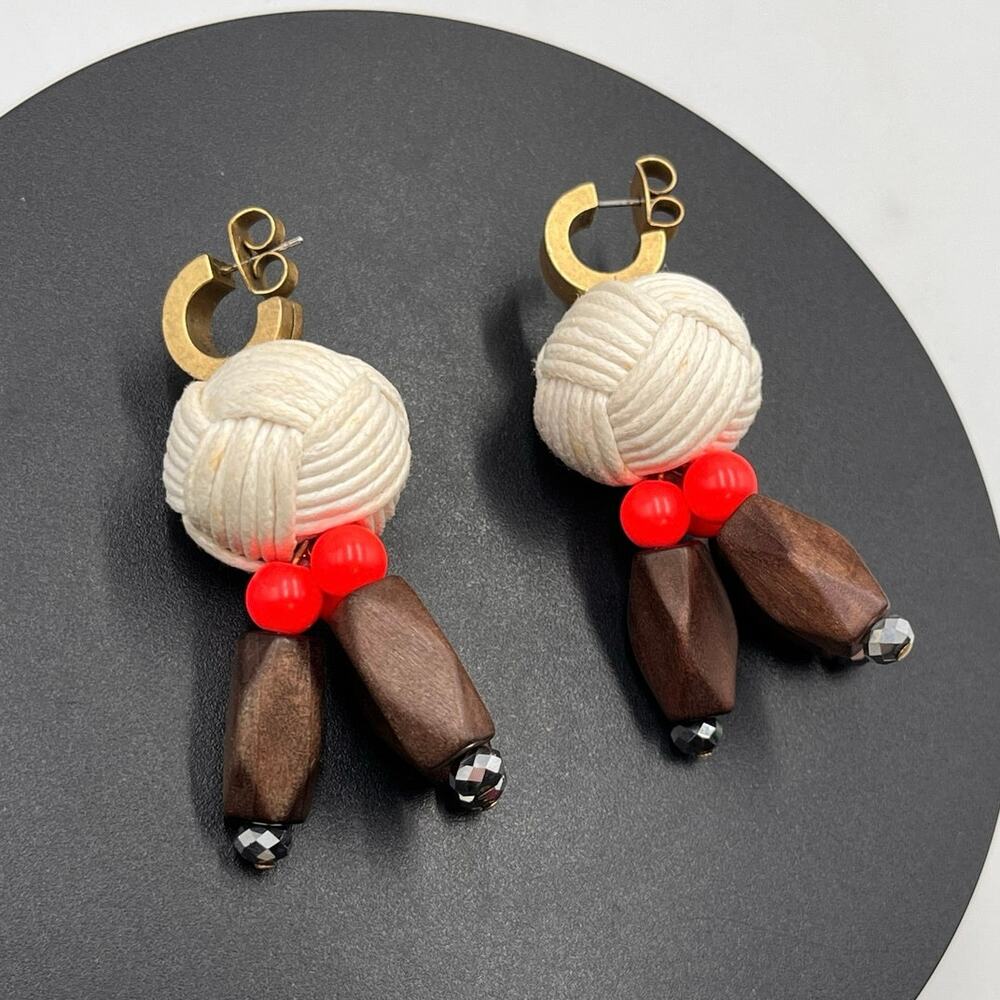 J. Crew Huggie‎ Hoops with Yarn Knotted Ball Wood Beads Dangle  earrings